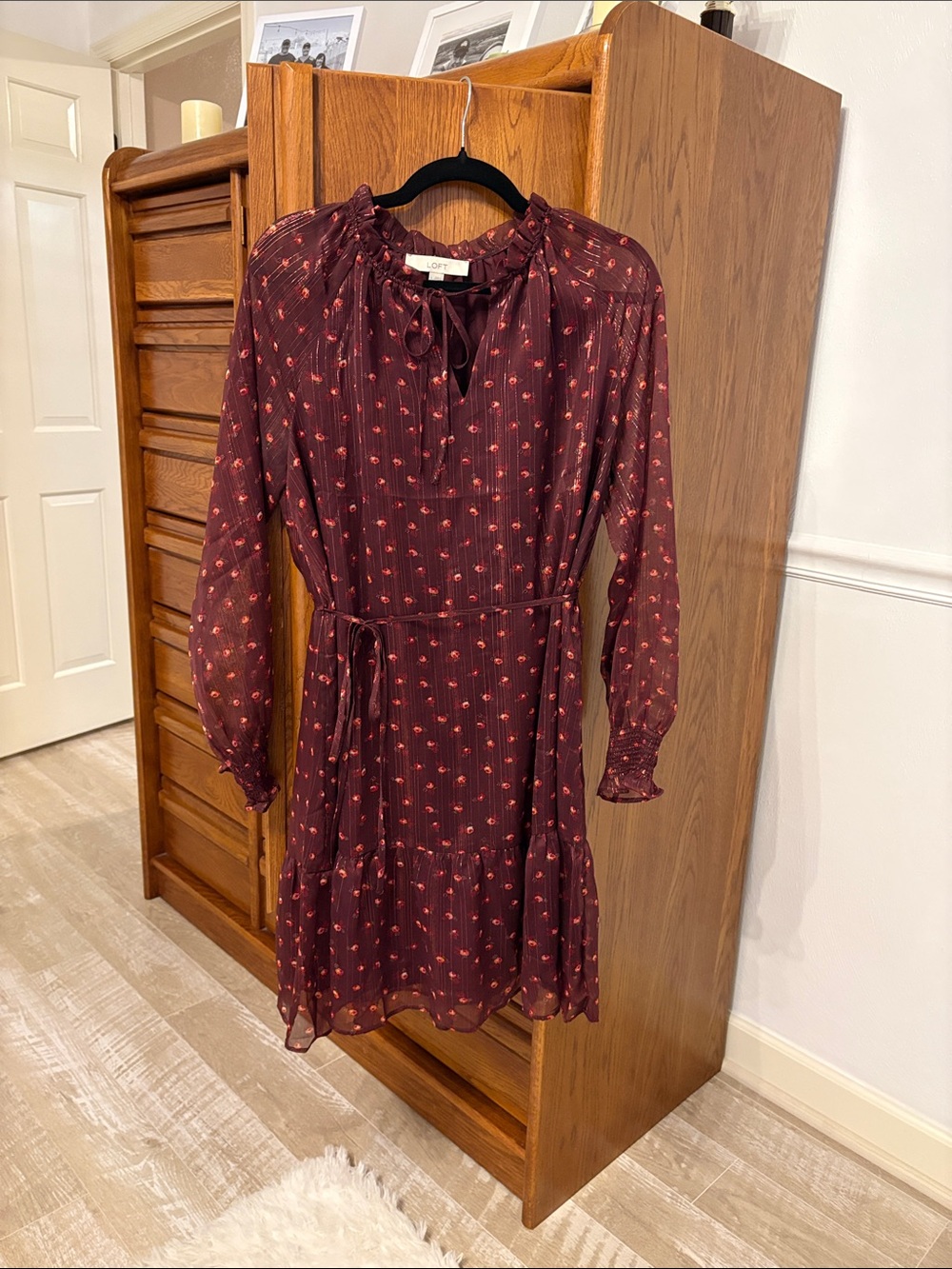 LOFT Burgundy Floral Long-Sleeve Tie-Waist Dress